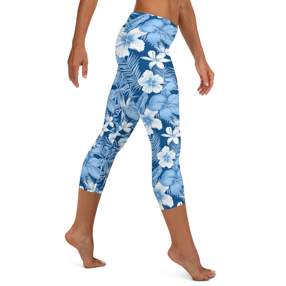 Shades of Blue Hibiscus Floral Printed Capri Leggings