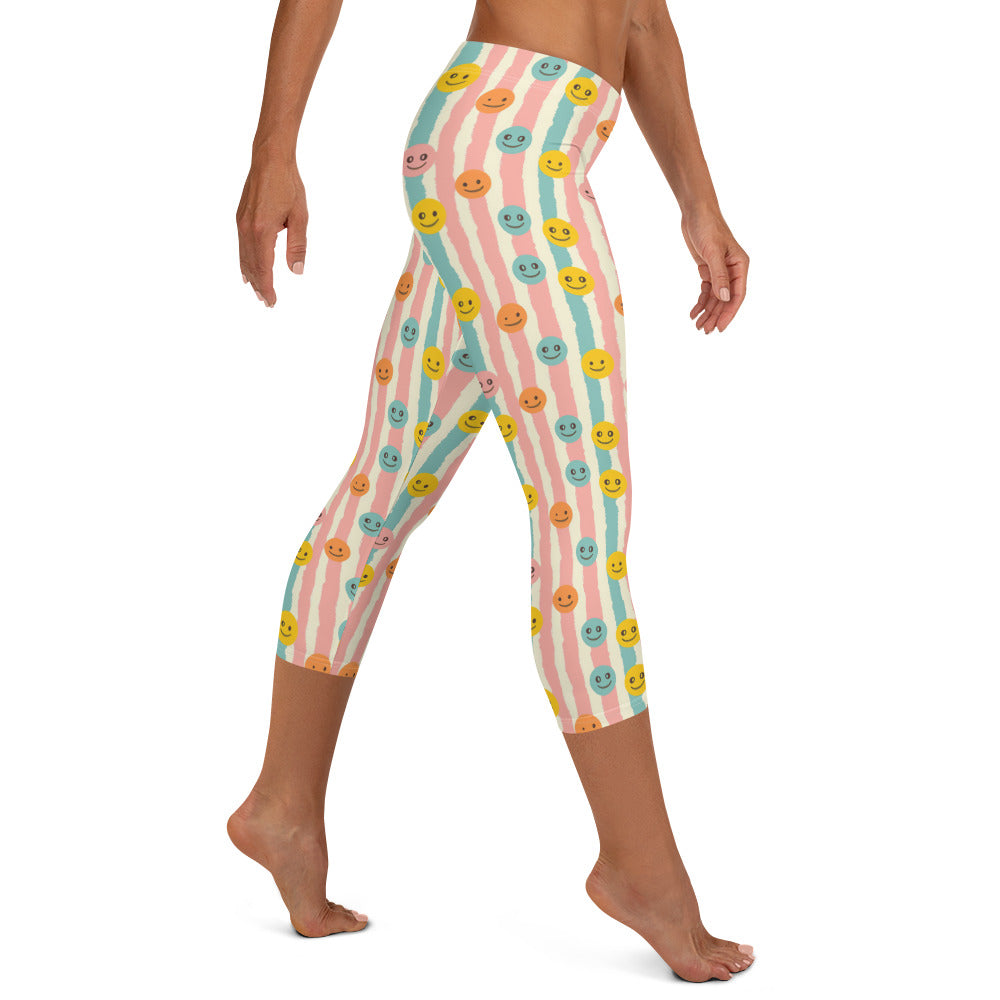 Groovy Smiley Emoji Printed Capri Leggings