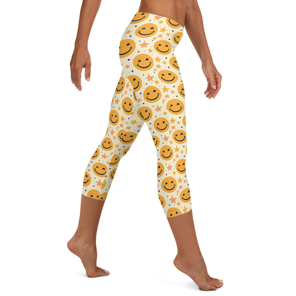 Yellow Emoji & Stars Printed Capri Leggings