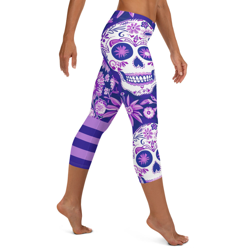 Purple Sugar Skull Printed Capri Leggings