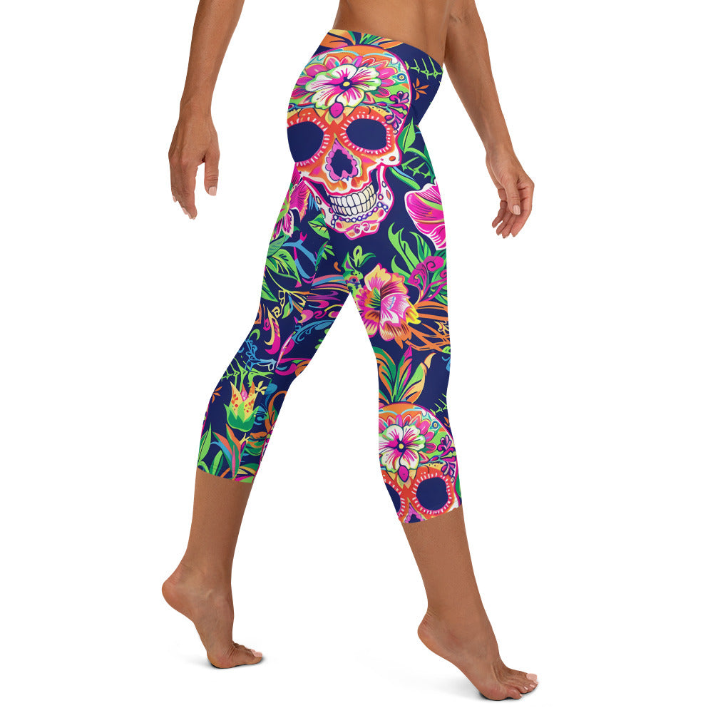 Sugar Skull & Tropical Floral Printed Capri Leggings