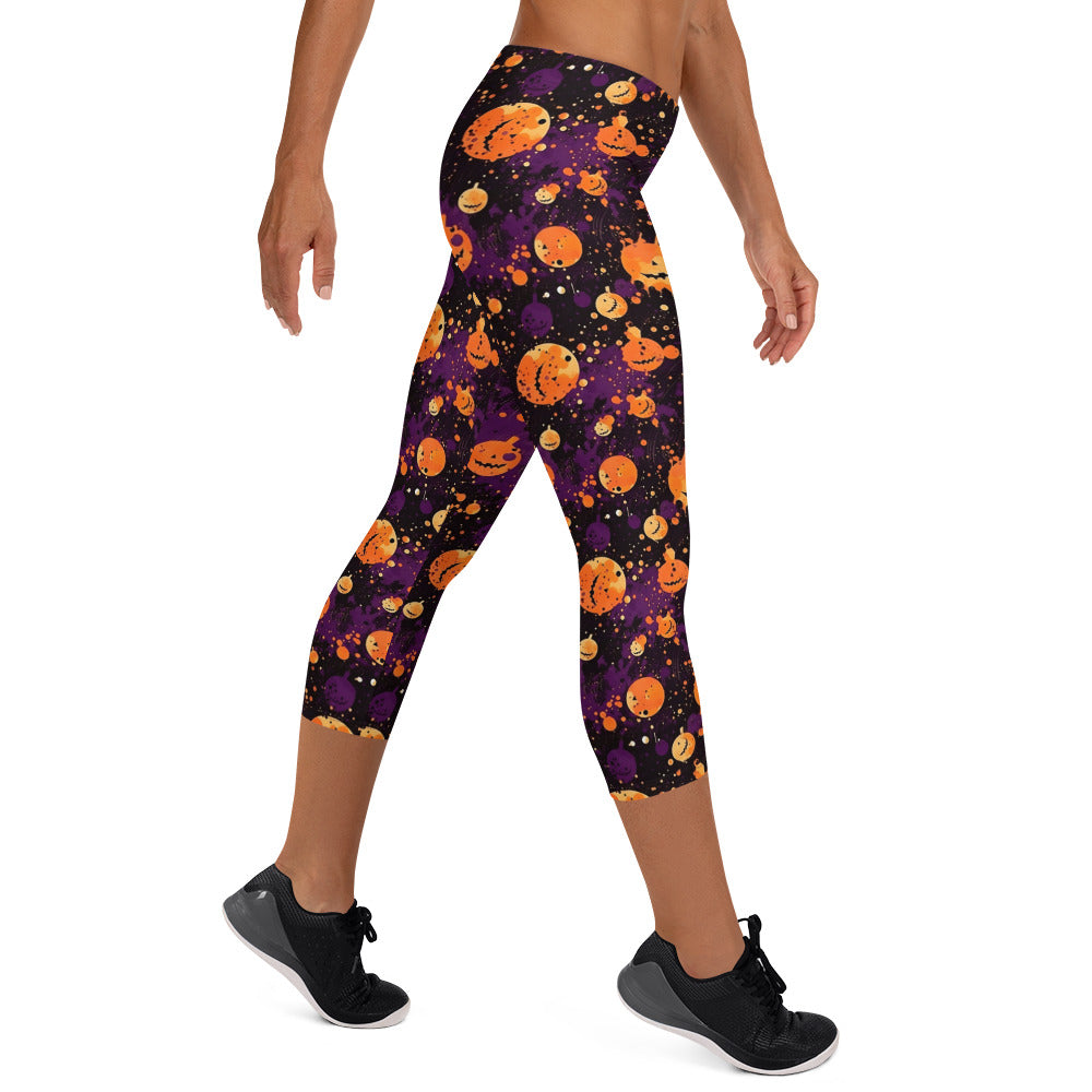 Spooky Pumpkin Splatter Halloween Capri Leggings