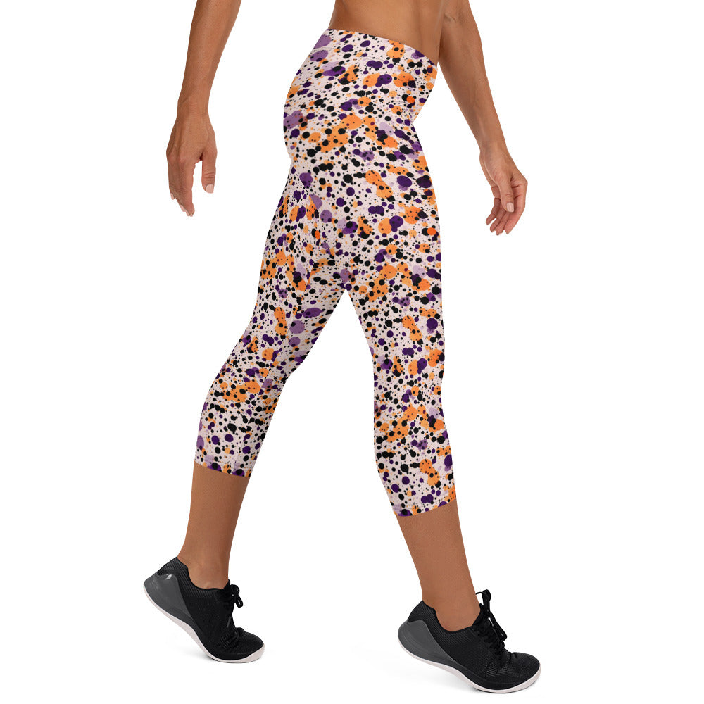 Orange Black Dots Splatter Capri Leggings