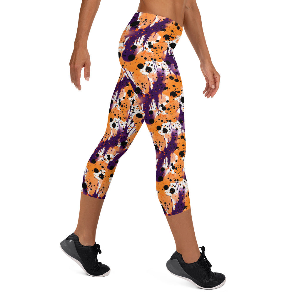 Orange Black Purple Color Splatter Capri Leggings