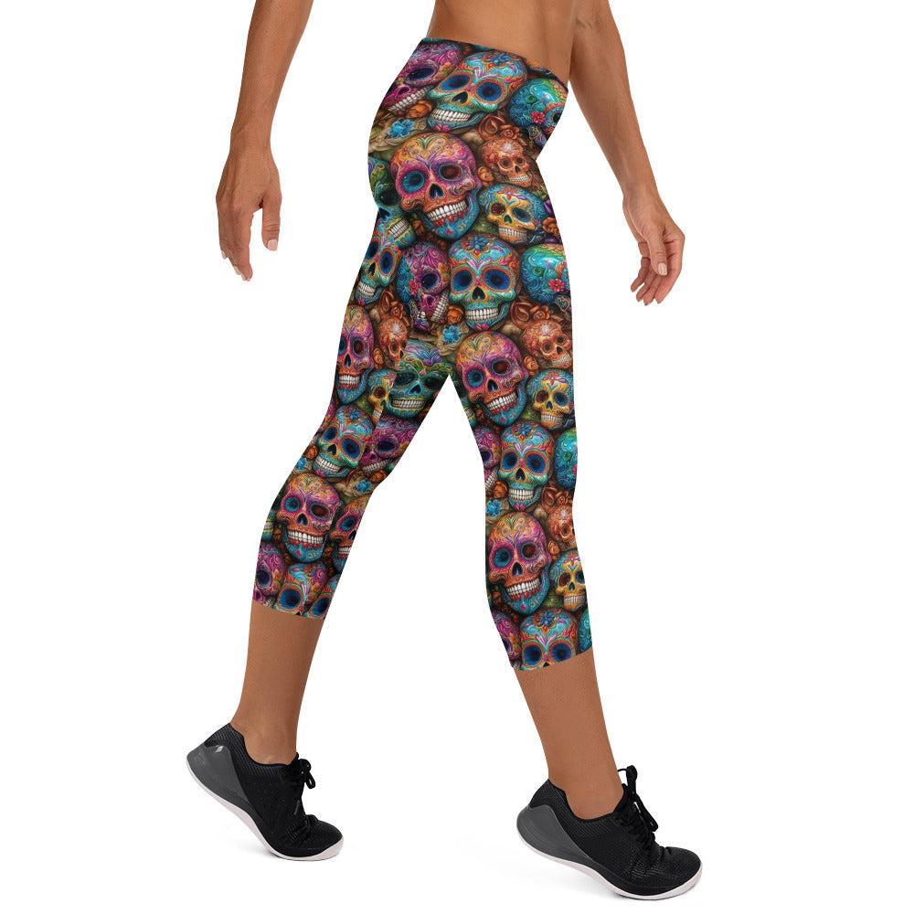 Colorful Sugar Skull Printed Capri Leggings