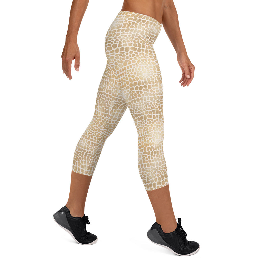 Shimmering Golden Crocodile Skin Printed Capri Leggings