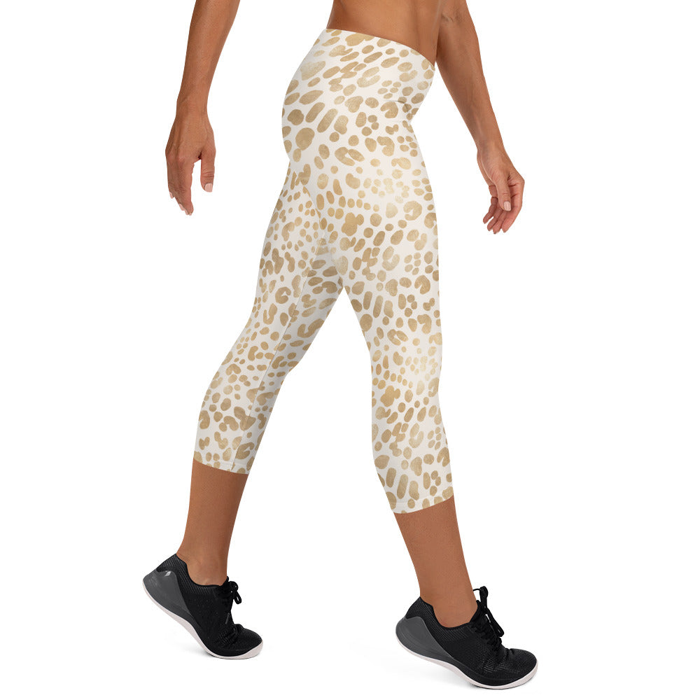 Shimmering Golden Leopard Skin Printed Capri Leggings