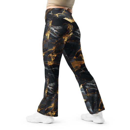 Black & Gold Marble Printed Bell Bottom Flare leggings