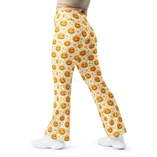 Yellow Emoji & Stars Printed Flare leggings