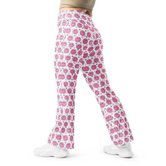 Groovy Pink Emoji Smiley & Stars Printed Flare leggings