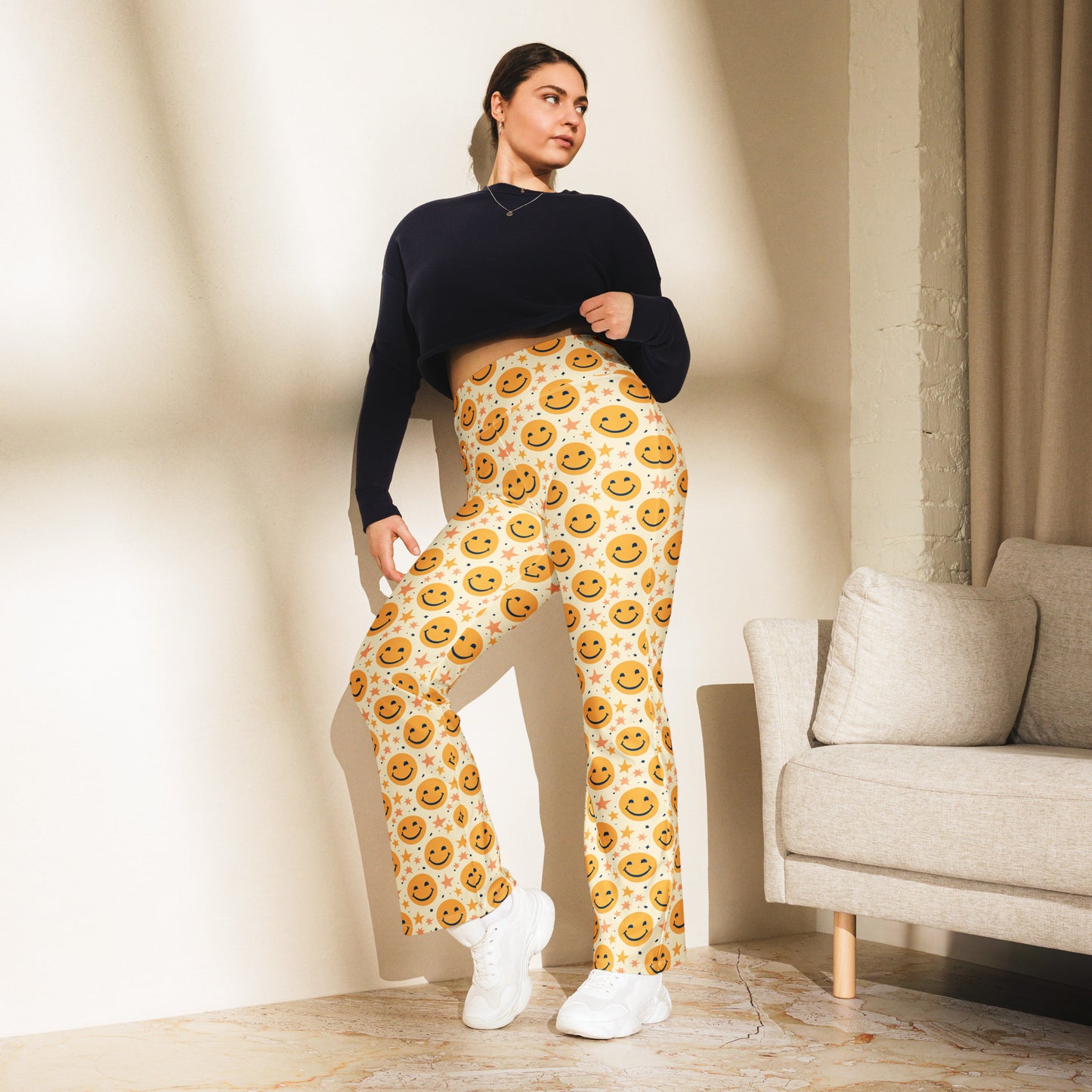 Yellow Emoji & Stars Printed Flare leggings