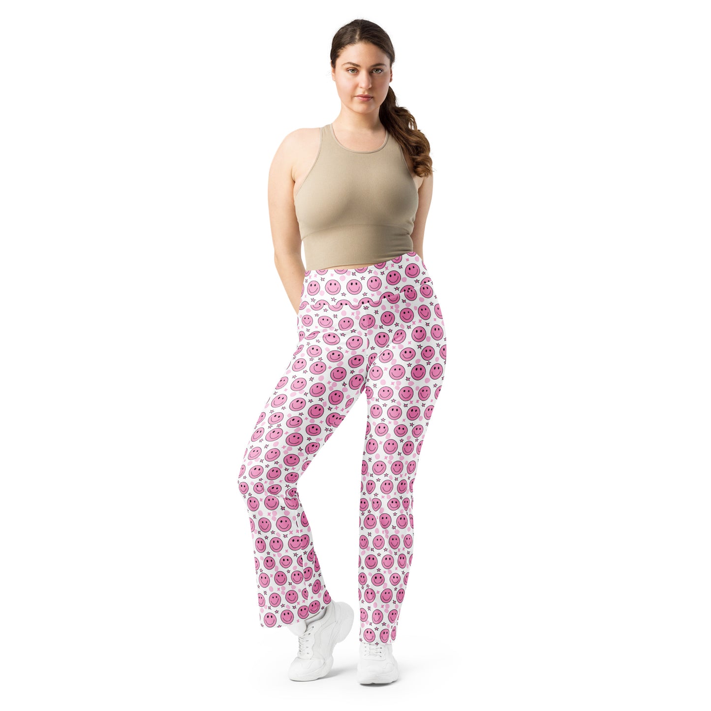 Groovy Pink Emoji Smiley & Stars Printed Flare leggings