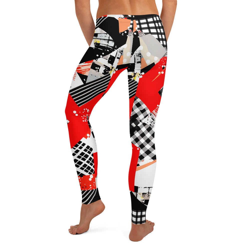 Red & Black Abstract Geometric Pattern Leggings