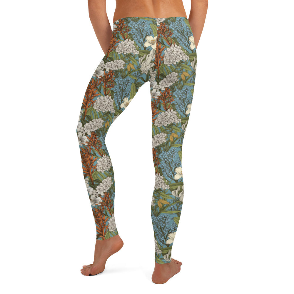 Botanical Green Leaf with White Flower Printed Leggings