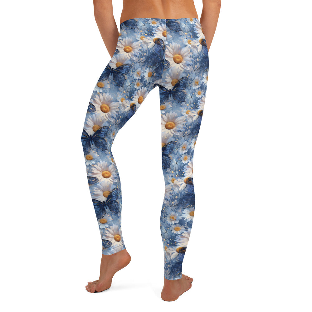 Blue Glass Butterflies on Daisies Floral Printed Leggings