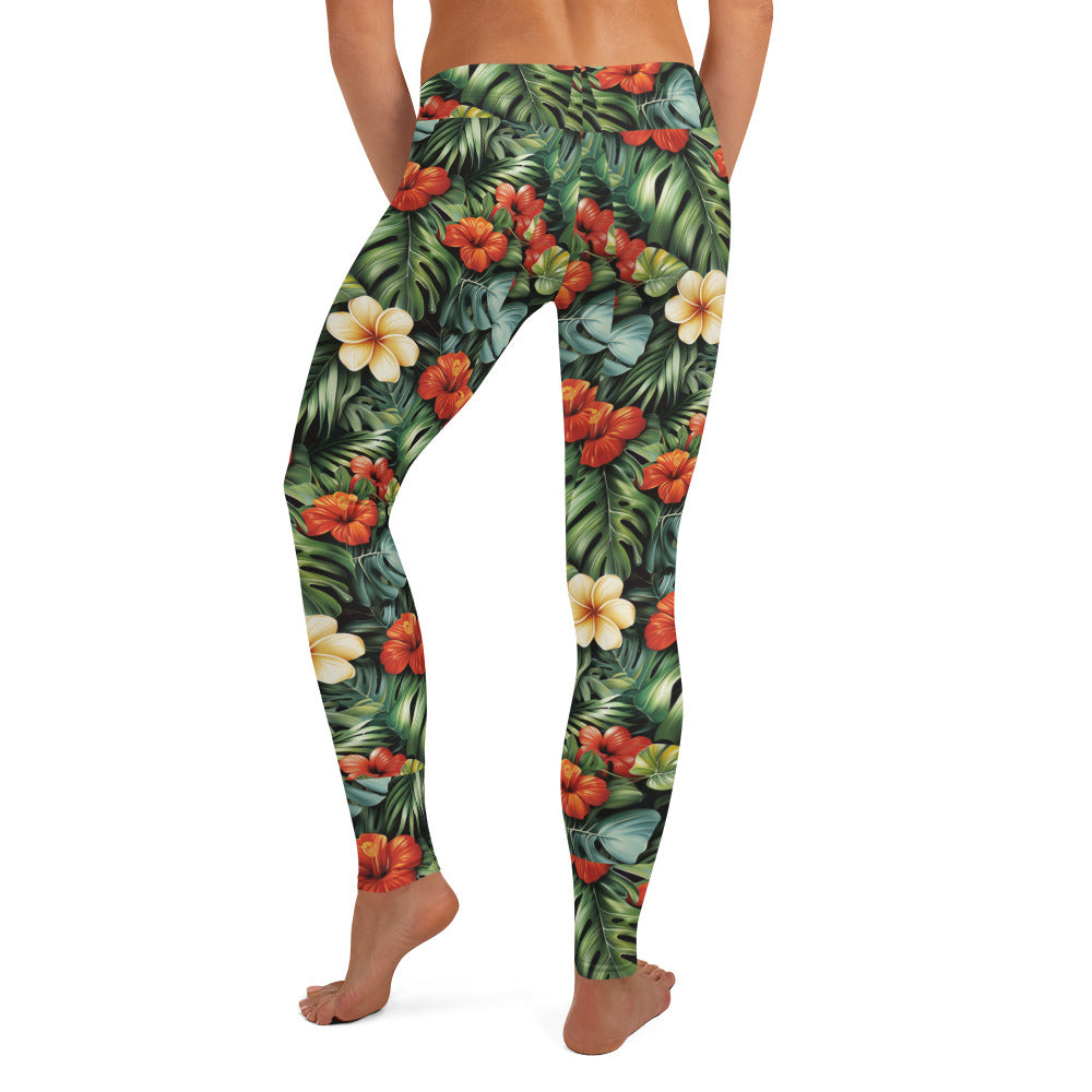 Red & Yellow Hibiscus Floral Printed Leggings