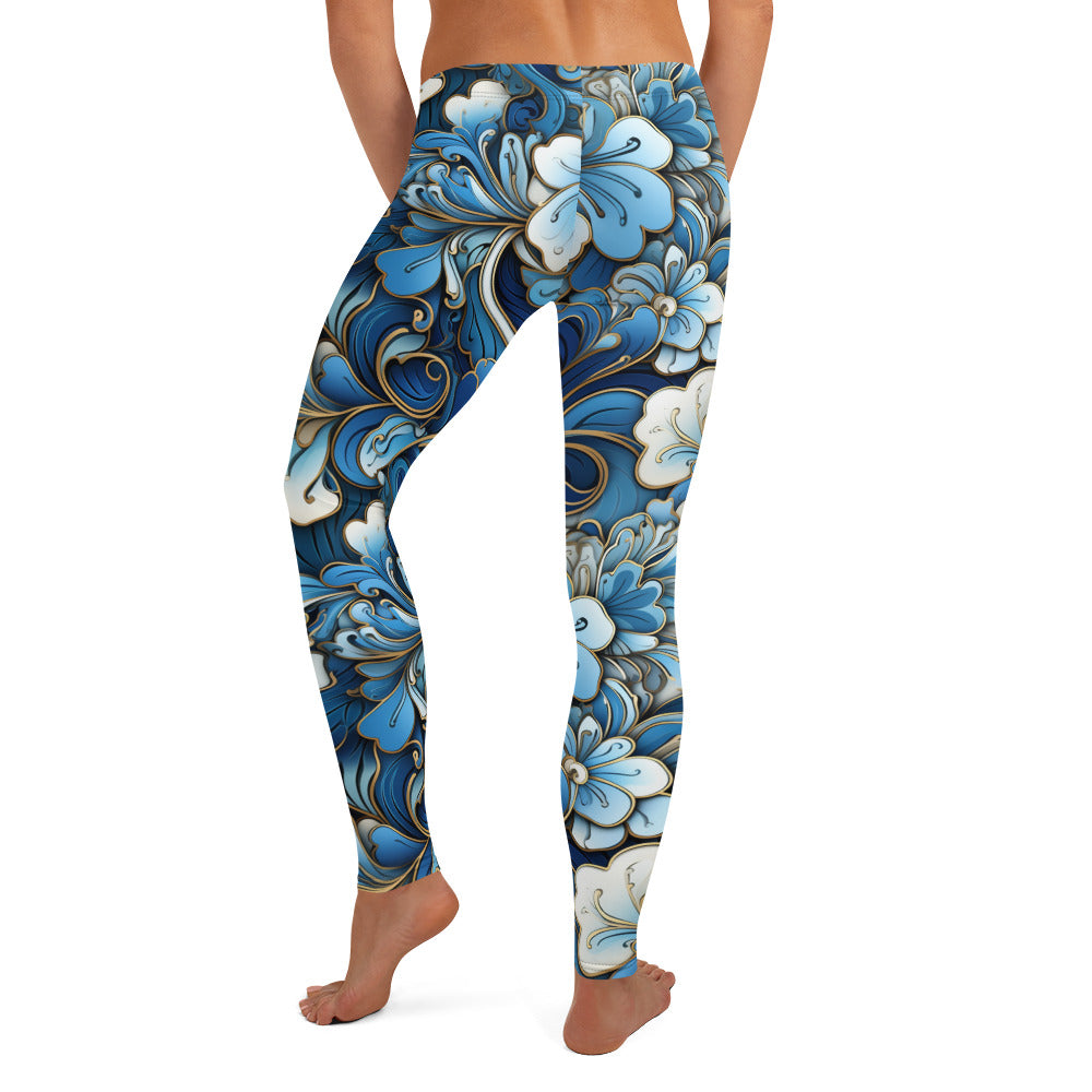 Blue & White Floral Cloisonne Printed Leggings