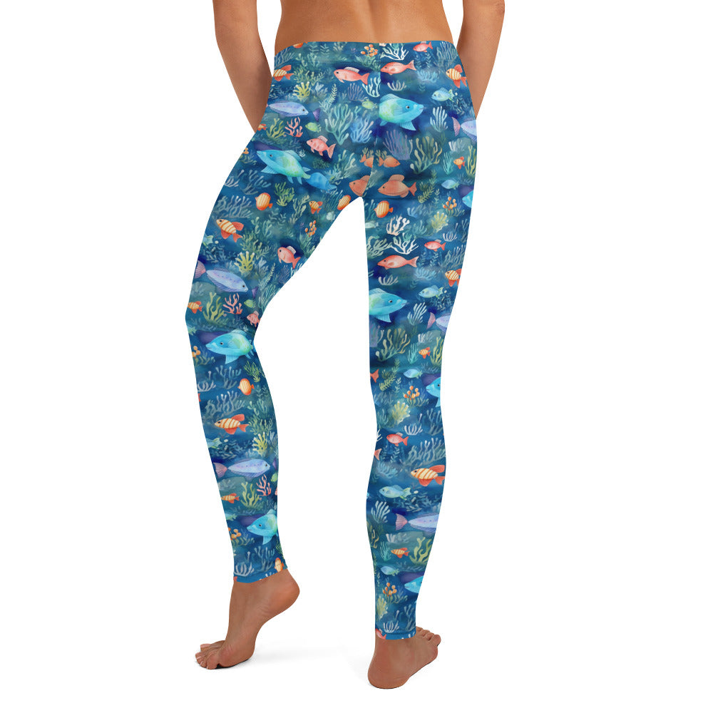 Colorful Fishes in Blue Water Printed Leggings