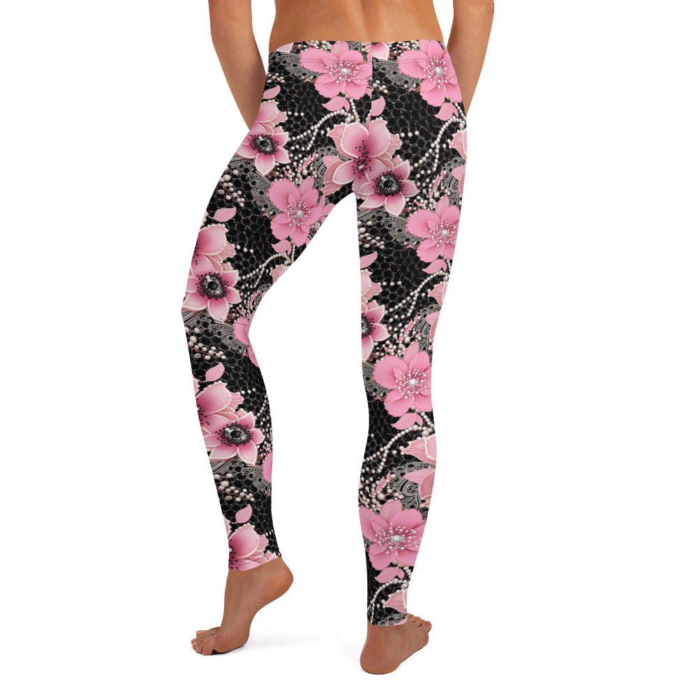 Pink Floral Pearl Pattern Printed Leggings