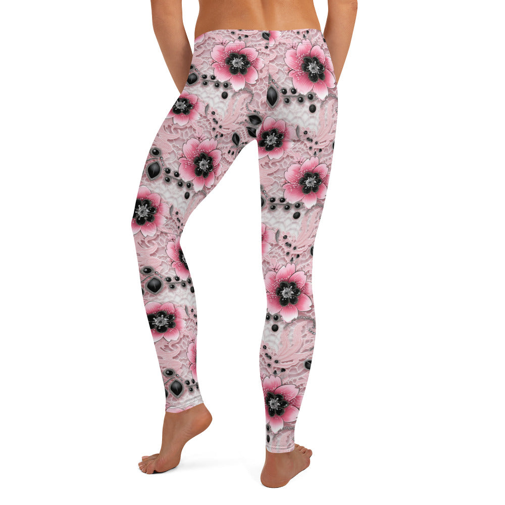 Pink & Black Floral Pattern Printed Leggings