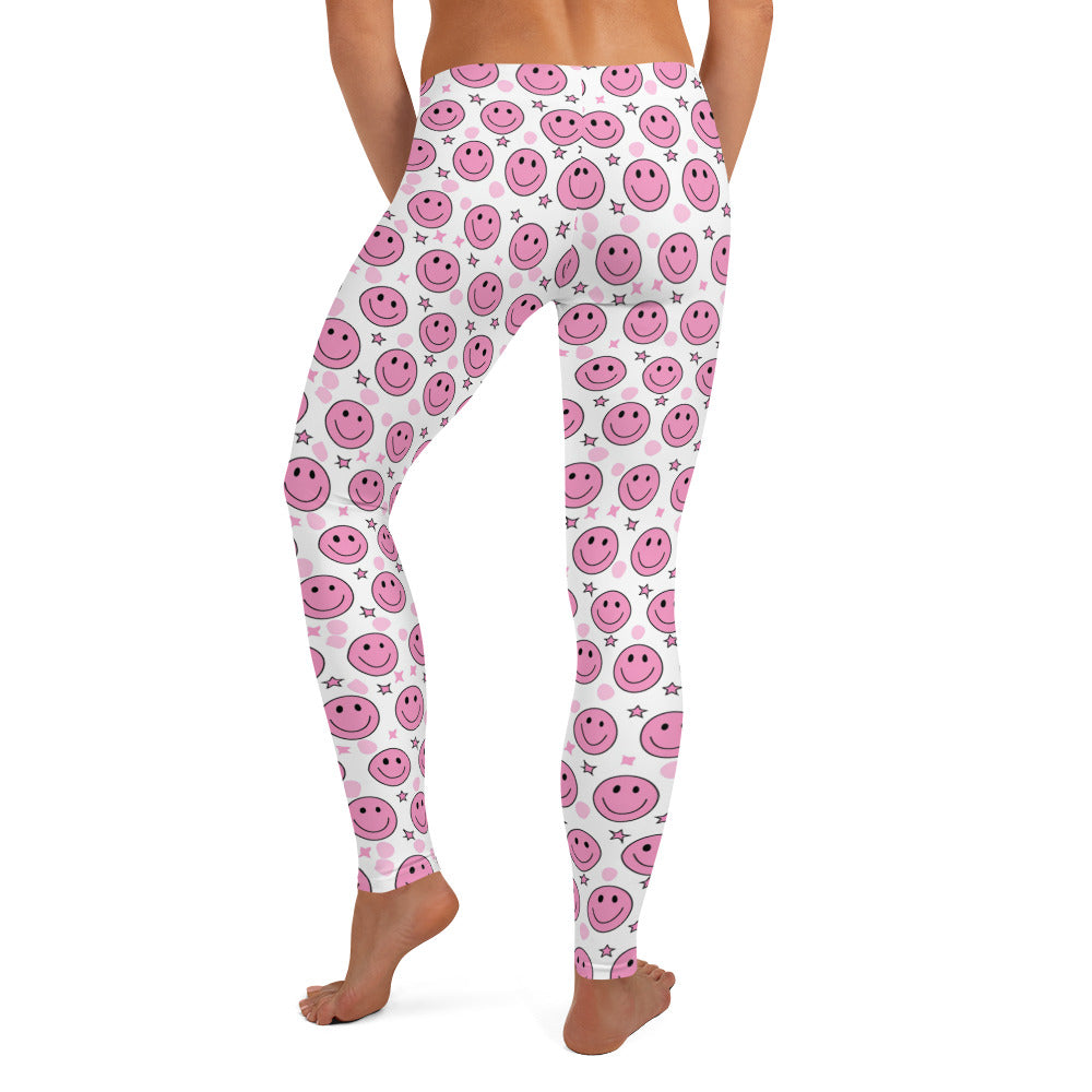 Groovy Pink Emoji Smiley & Stars Printed Leggings