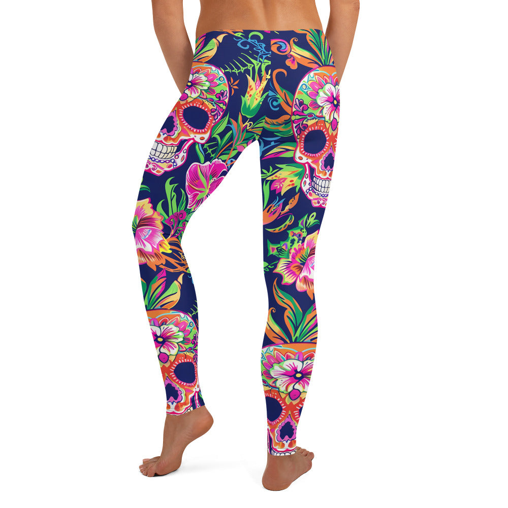 Sugar Skull with Tropical Floral Pattern Leggings