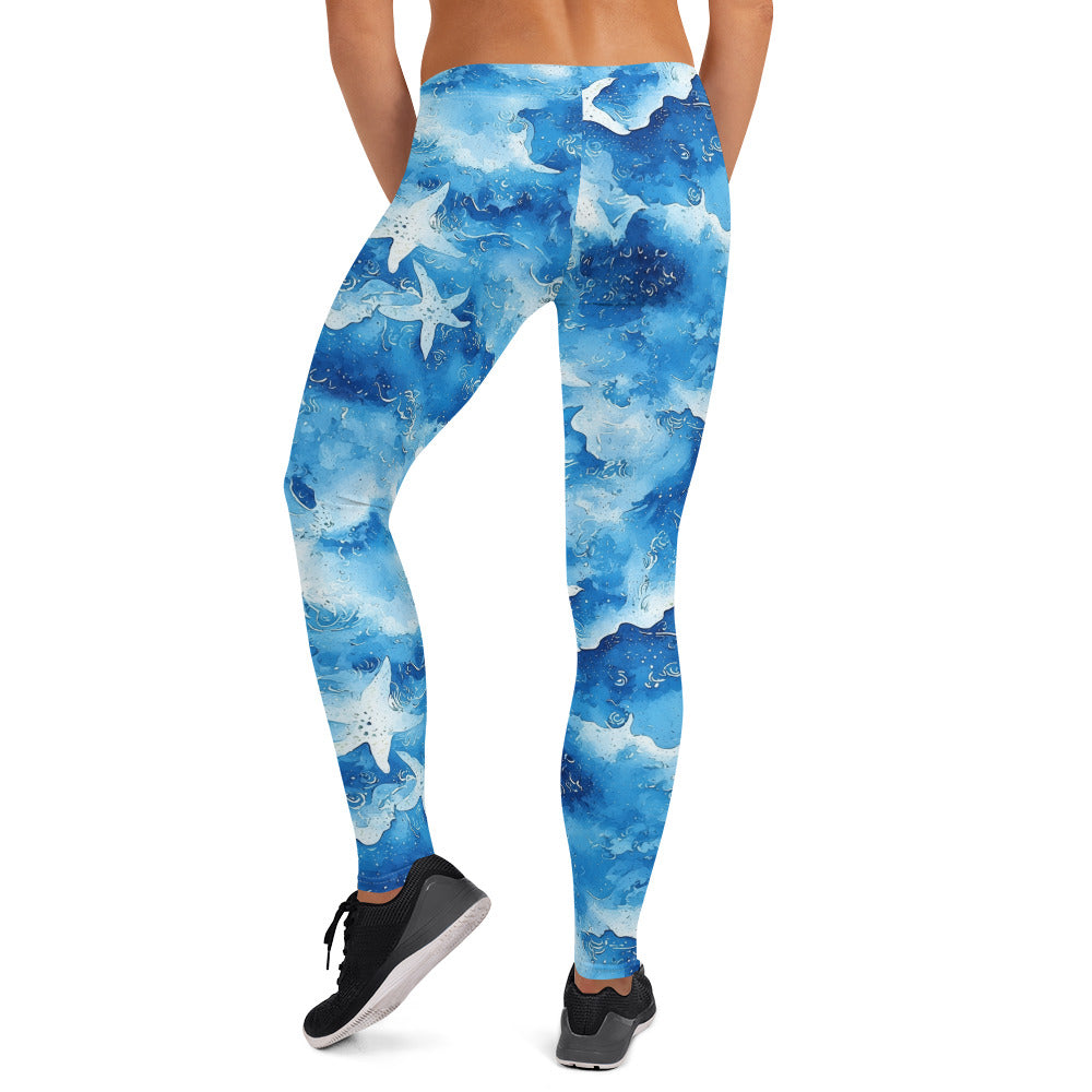 Watercolor Starfish on Waves Printed Leggings