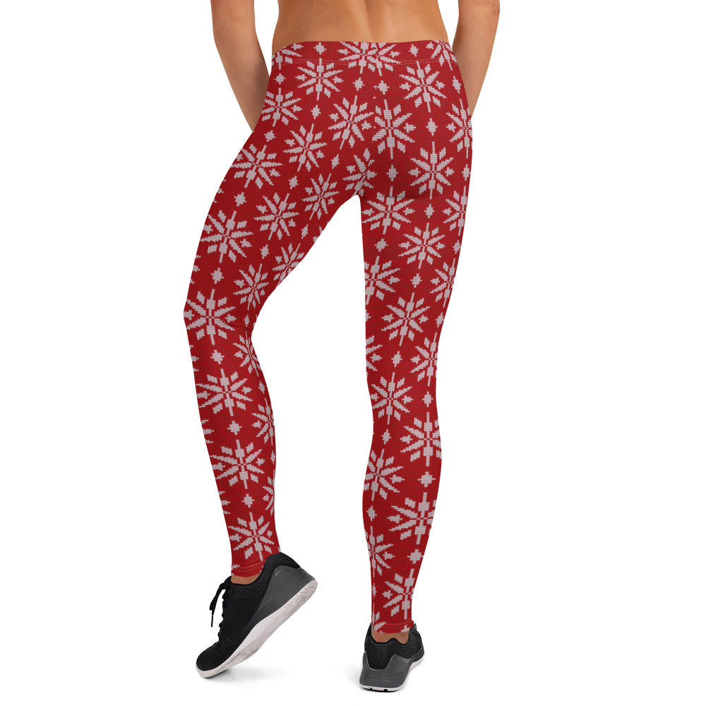 Snow Flakes on Red Christmas Leggings