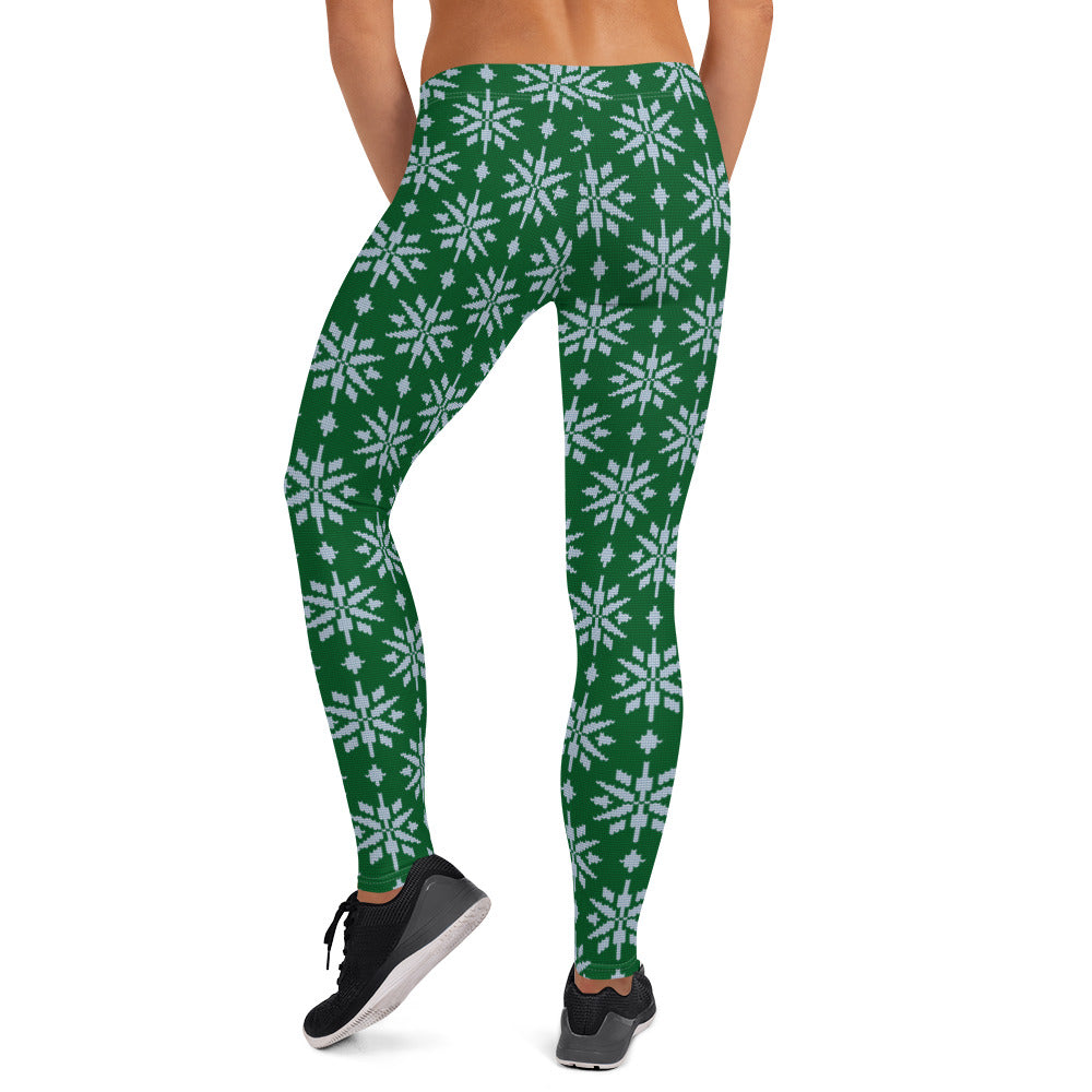 Snow Flakes on Green Christmas Leggings