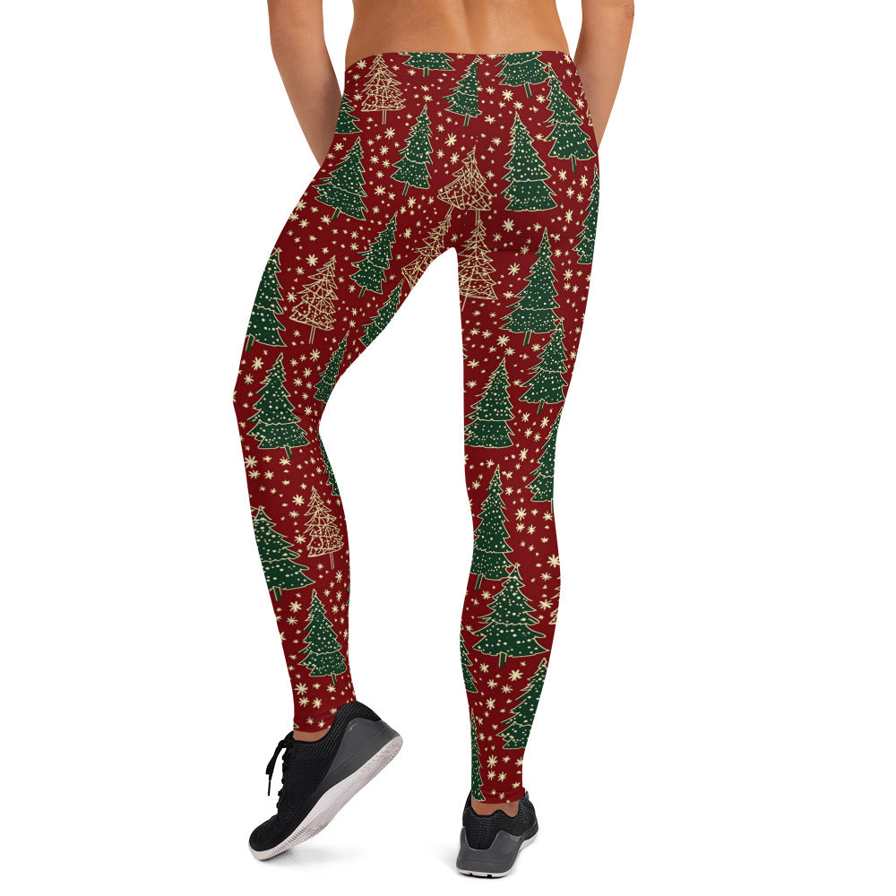 Vibrant Christmas Trees on Red Leggings