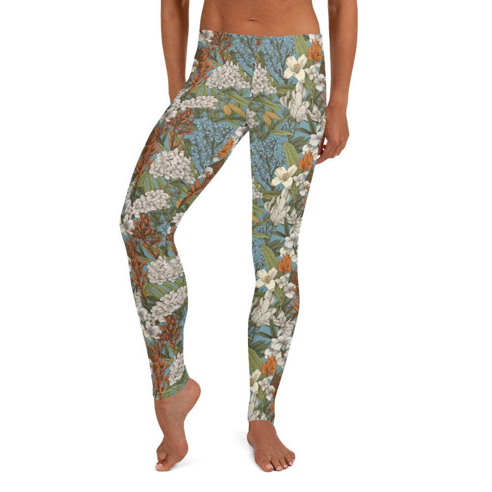 Botanical Green Leaf with White Flower Printed Leggings