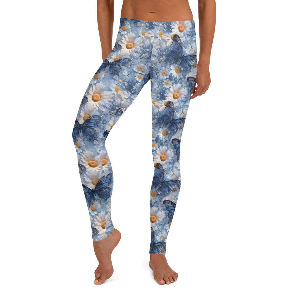 Blue Glass Butterflies on Daisies Floral Printed Leggings