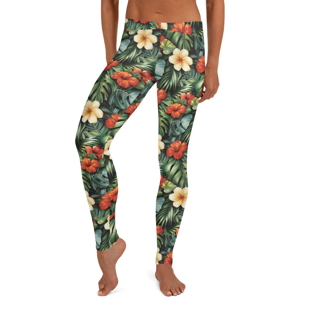 Red & Yellow Hibiscus Floral Printed Leggings