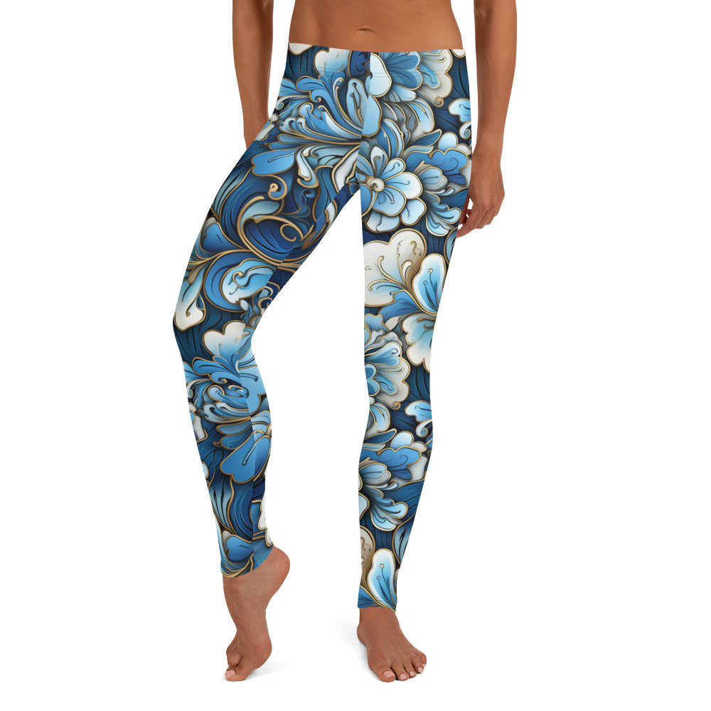 Blue & White Floral Cloisonne Printed Leggings