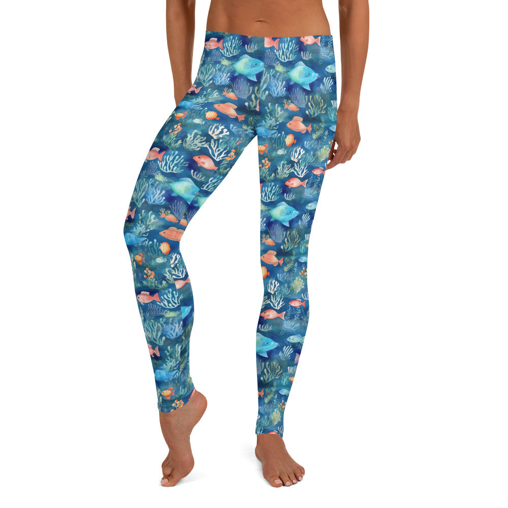 Colorful Fishes in Blue Water Printed Leggings