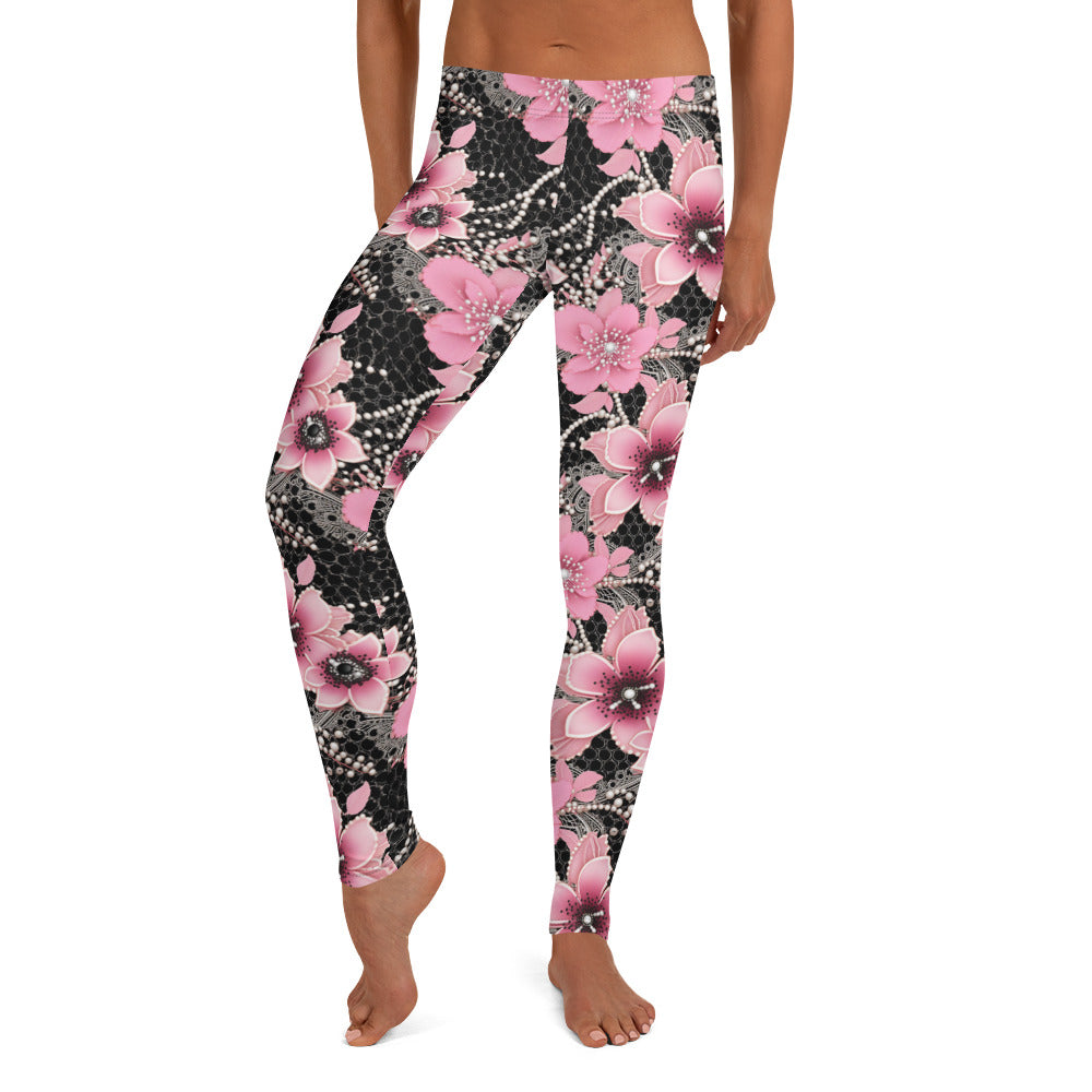 Pink Floral Pearl Pattern Printed Leggings