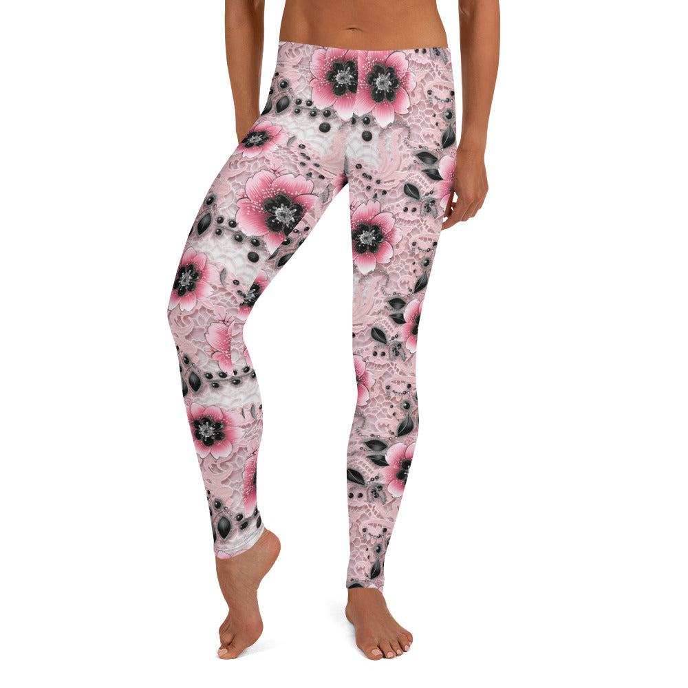 Pink & Black Floral Pattern Printed Leggings