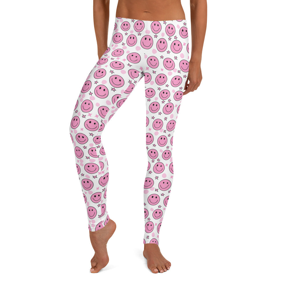 Groovy Pink Emoji Smiley & Stars Printed Leggings