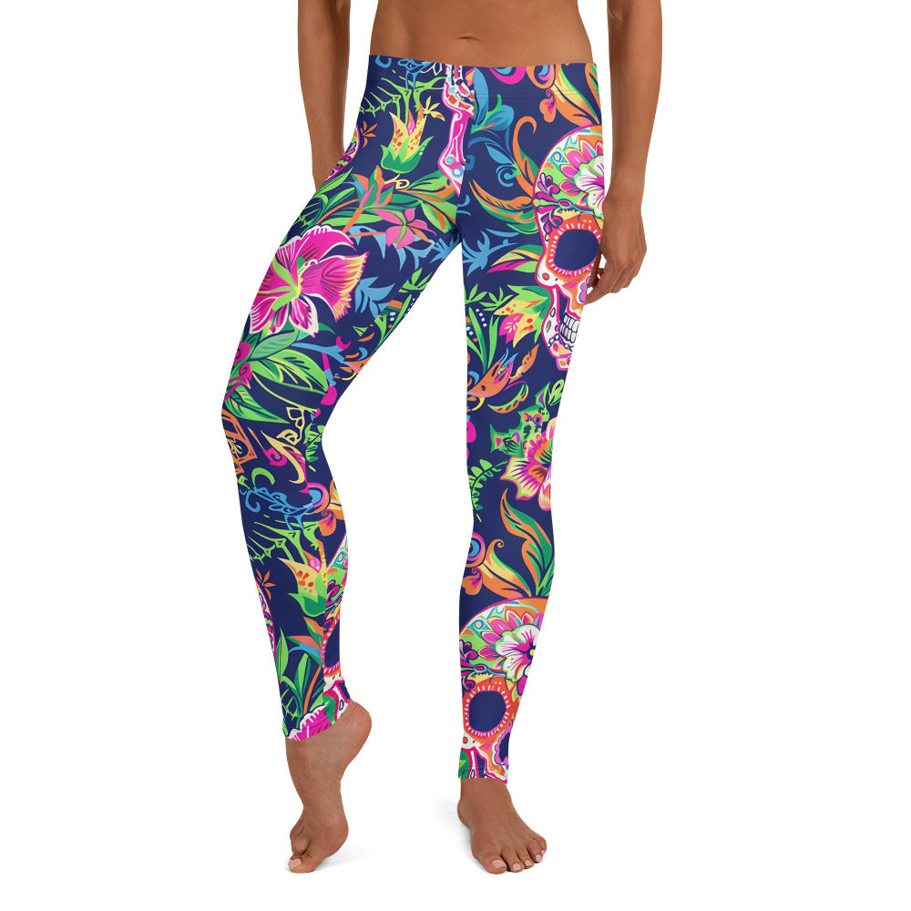 Sugar Skull with Tropical Floral Pattern Leggings