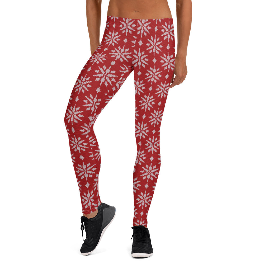 Snow Flakes on Red Christmas Leggings