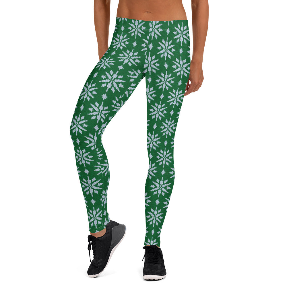 Snow Flakes on Green Christmas Leggings