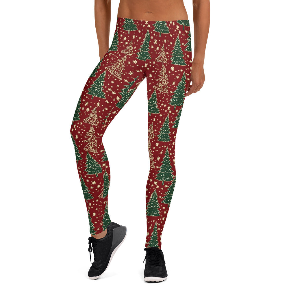 Vibrant Christmas Trees on Red Leggings