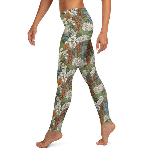 Botanical Green Leaf with White Flower Printed Leggings