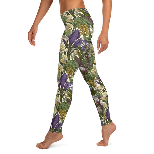 Botanical Leaf with Purple Flower Printed Leggings