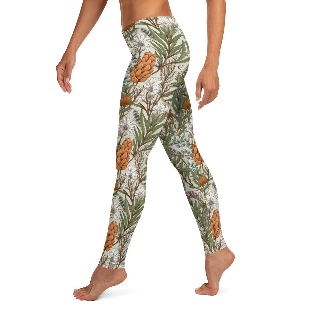 Botanical Orange Floral Foliage Printed Leggings