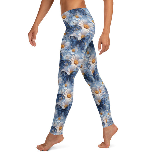 Blue Glass Butterflies on Daisies Floral Printed Leggings