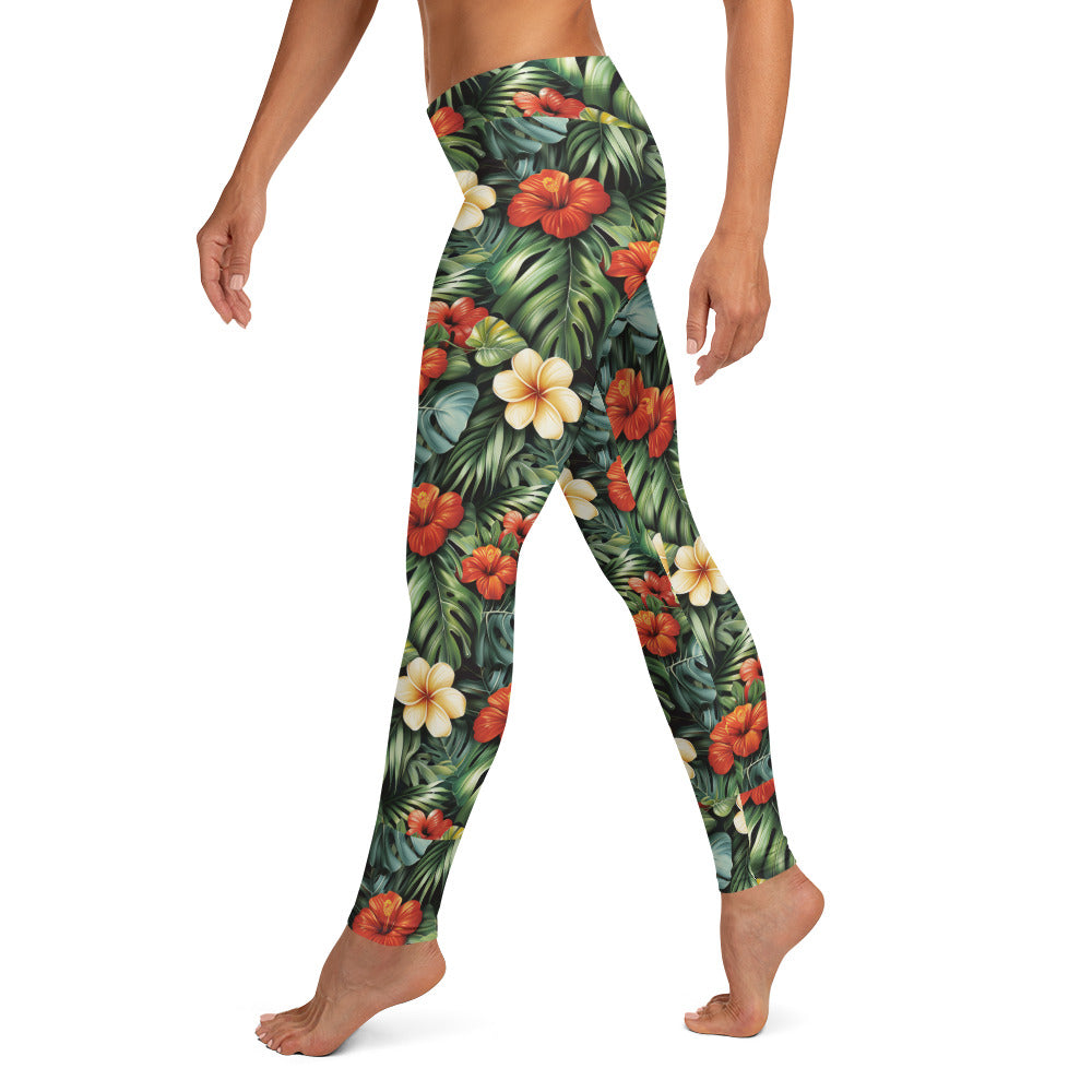 Red & Yellow Hibiscus Floral Printed Leggings