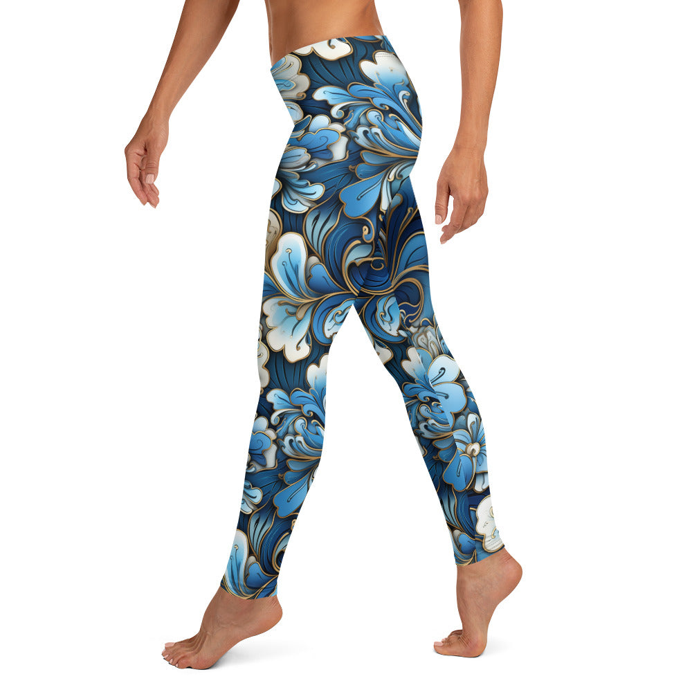 Blue & White Floral Cloisonne Printed Leggings