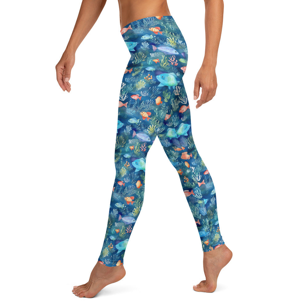 Colorful Fishes in Blue Water Printed Leggings