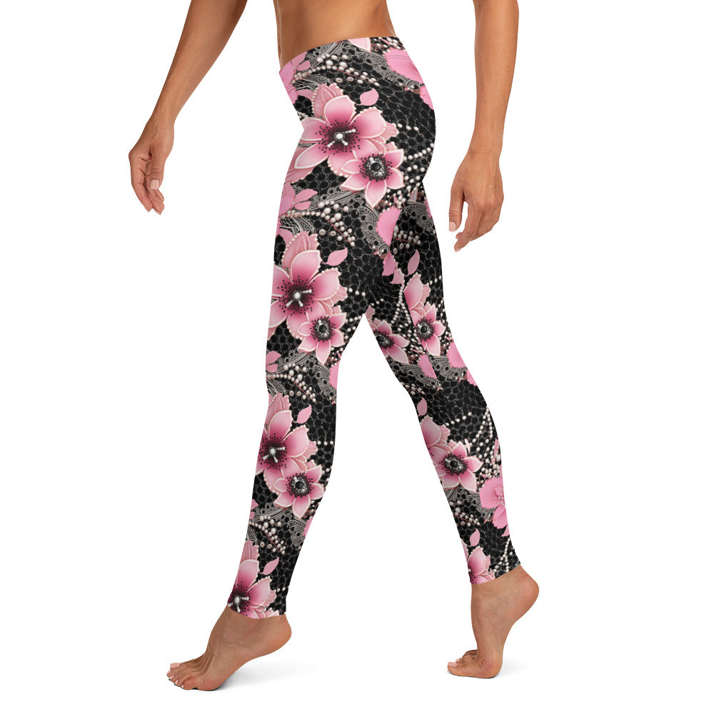 Pink Floral Pearl Pattern Printed Leggings